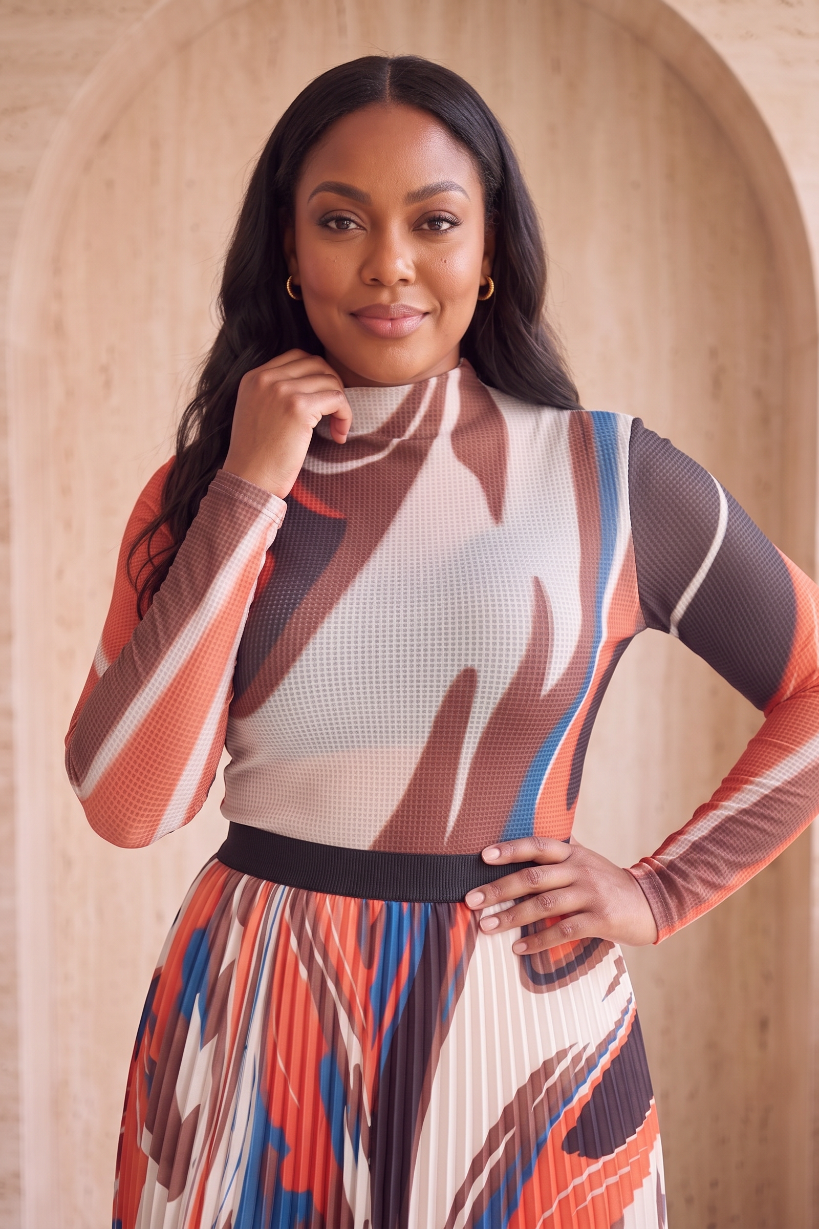 Ivory Swirl Plissé Co-ord Set - close-up of waffle plissé top and black waistband
