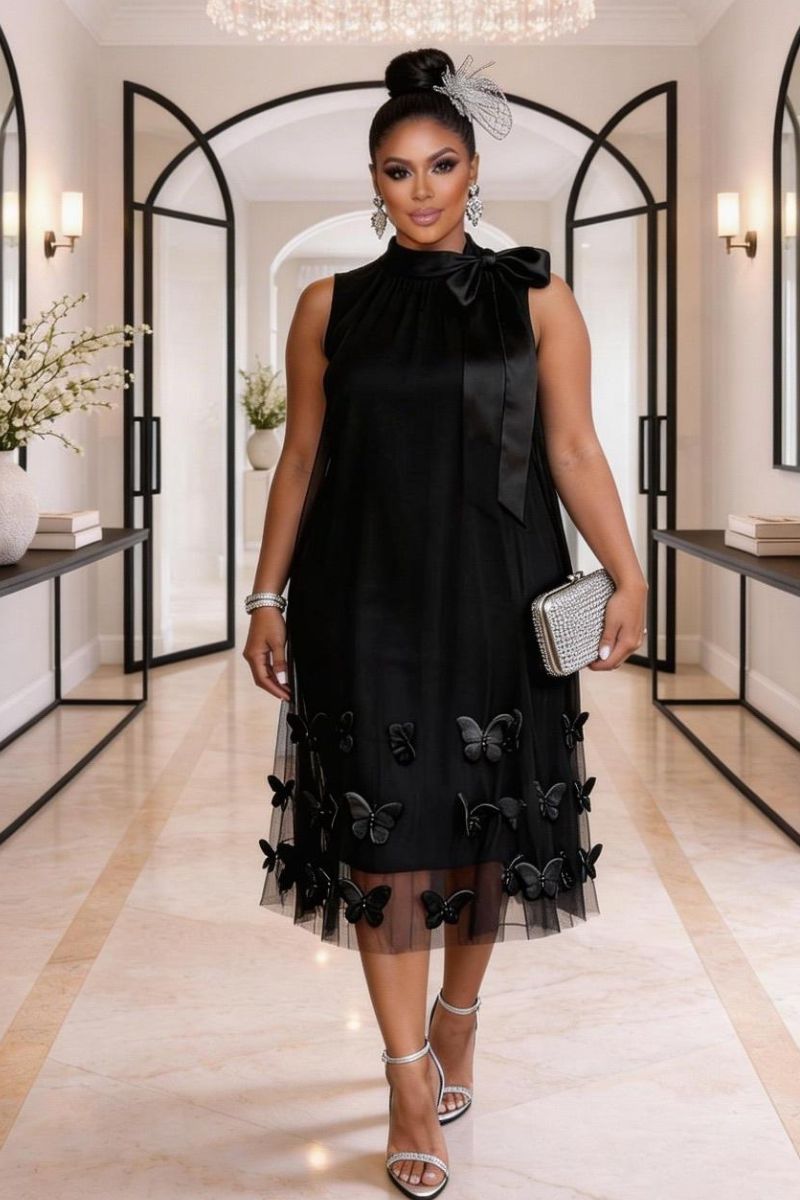 Butterfly Satin Dress - Black