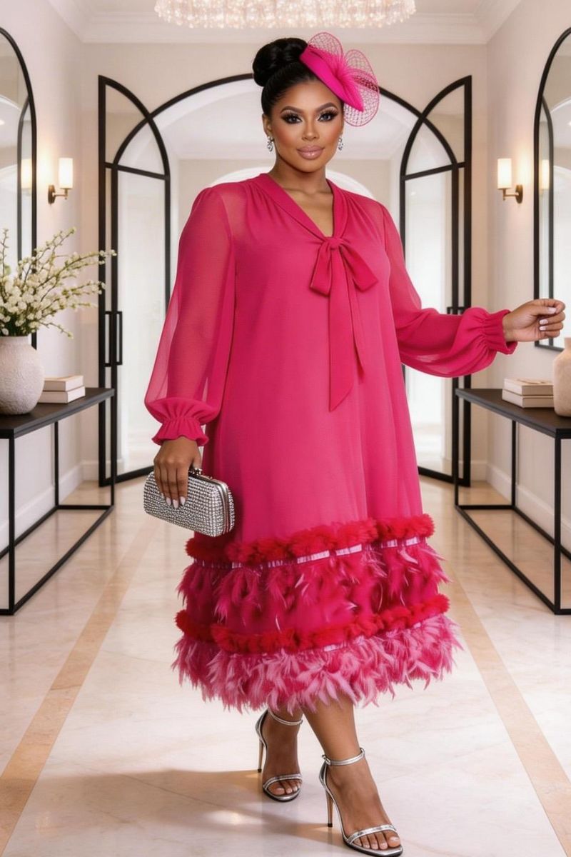 Colette Feather Trim Midi Dress - Pink