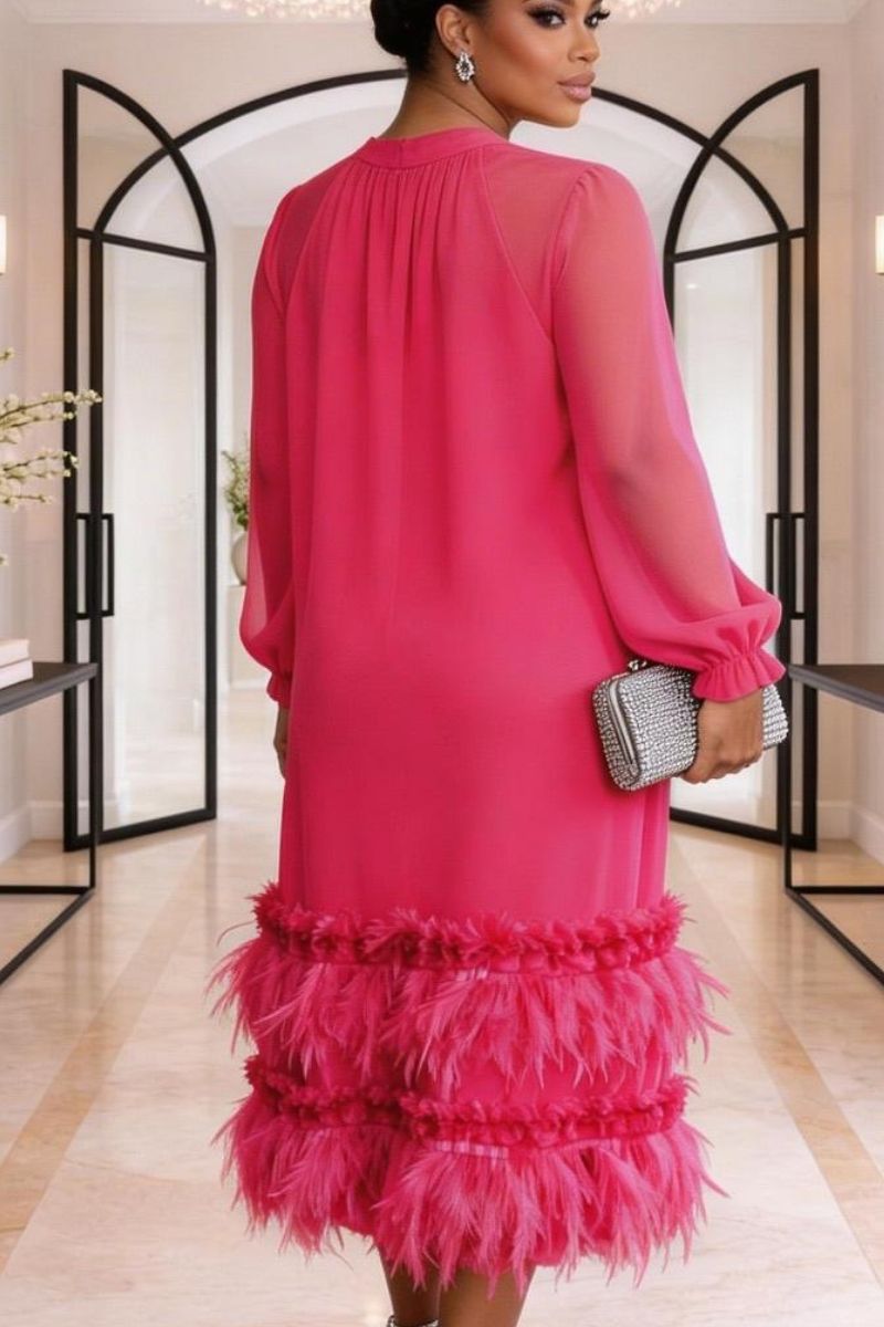 Colette Feather Trim Midi Dress - Pink