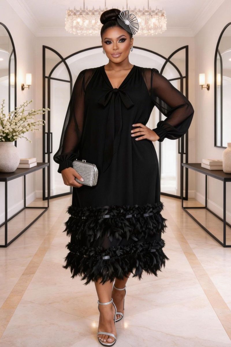 COLETTE FEATHER ADORNED MIDI DRESS - BLACK