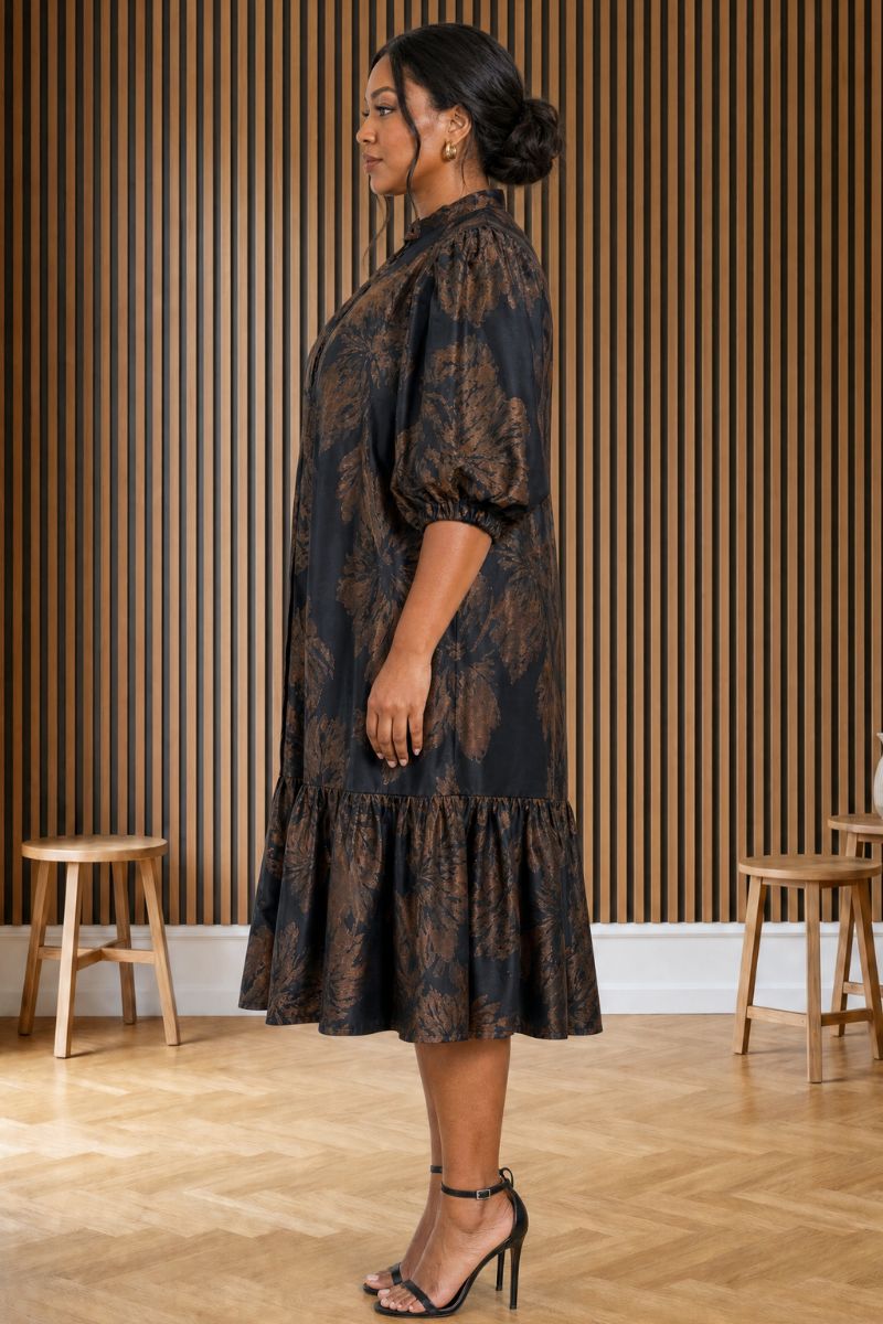 Bronze Bloom Jaquard Mide Dress
