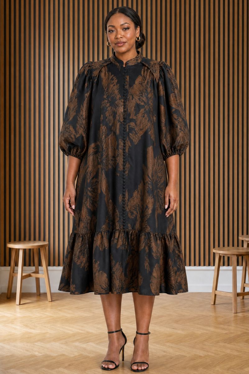 Bronze Bloom Jaquard Mide Dress