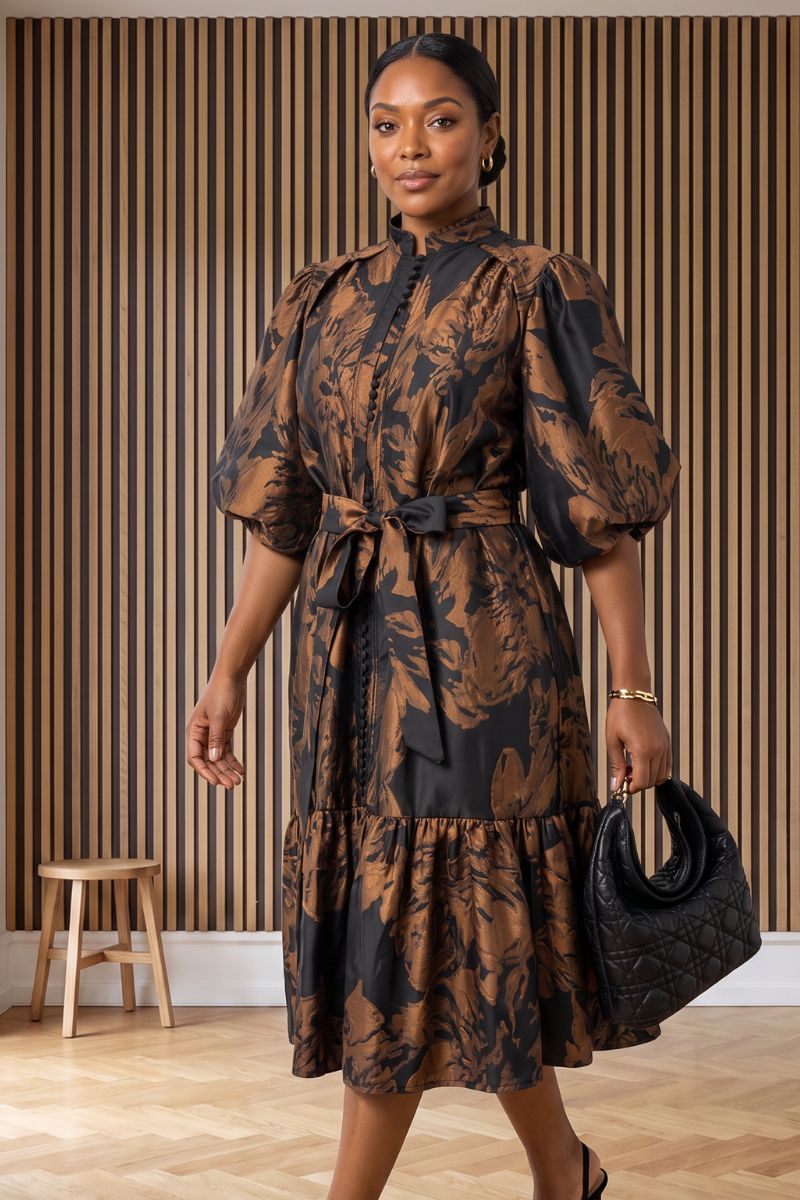 Bronze Bloom Jaquard Midi Dress