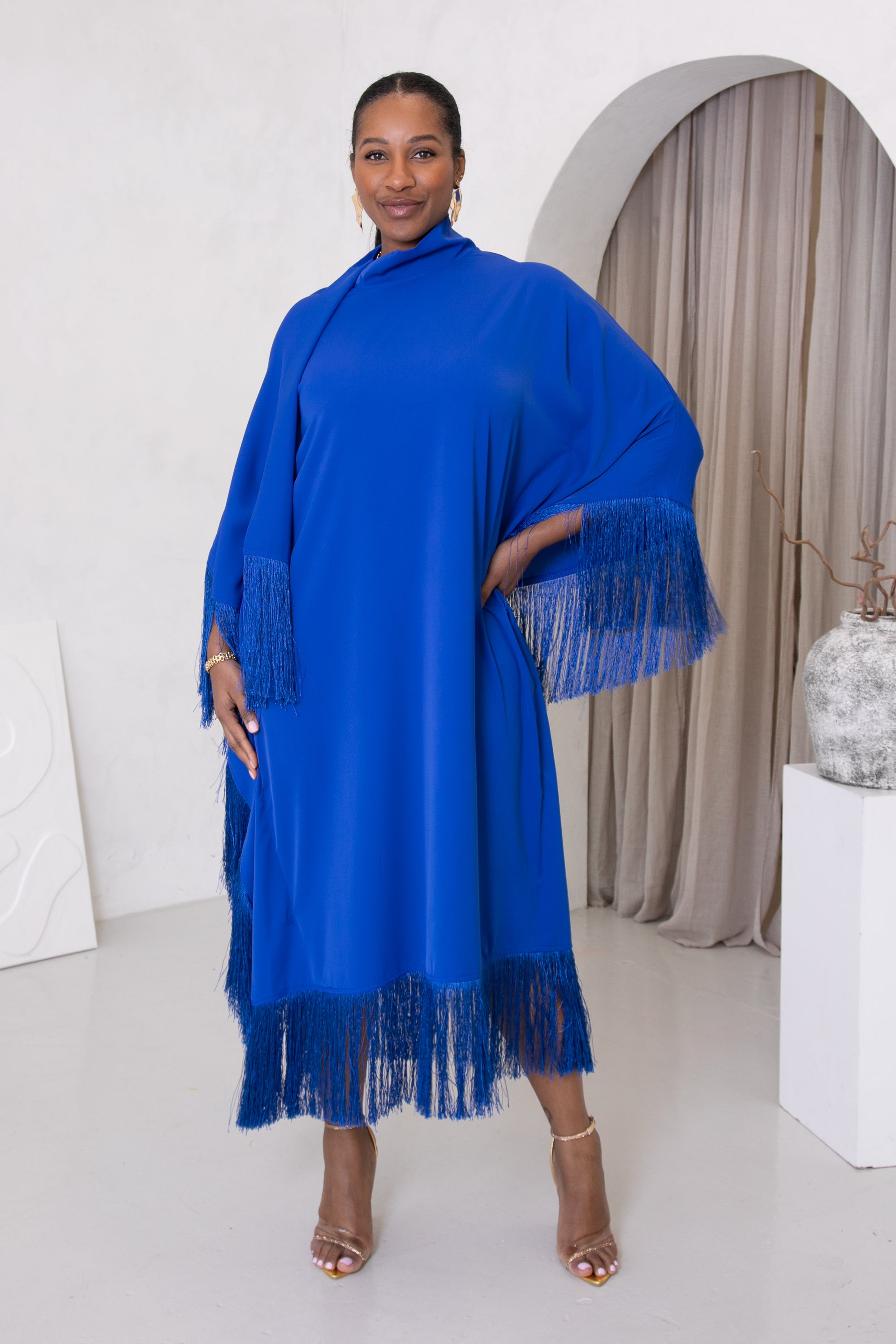 CLEOPATRA FRINGE HIGH NECK DRESS - BLUE