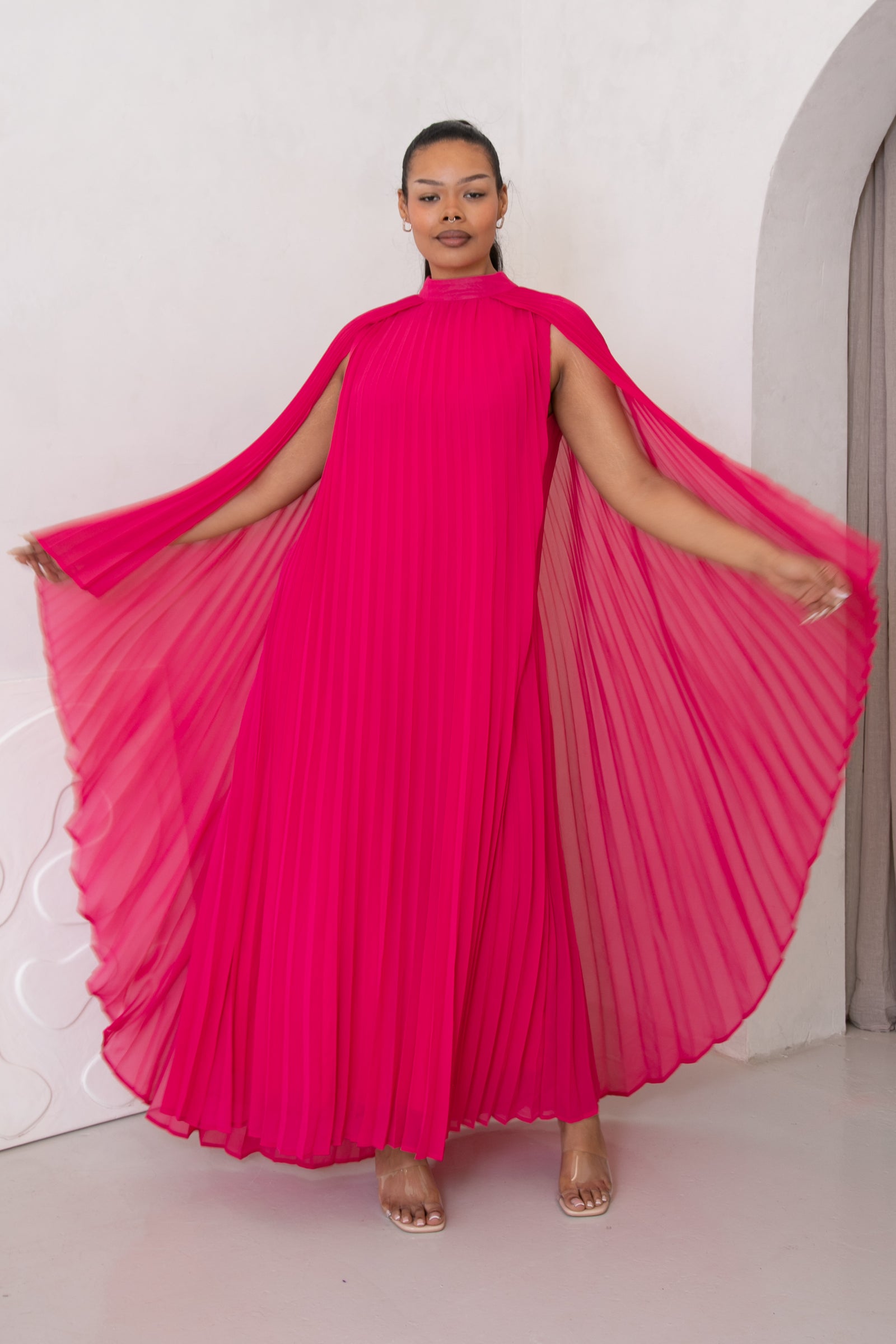 Beauty Pleated Long Dress - Fuschia Pink