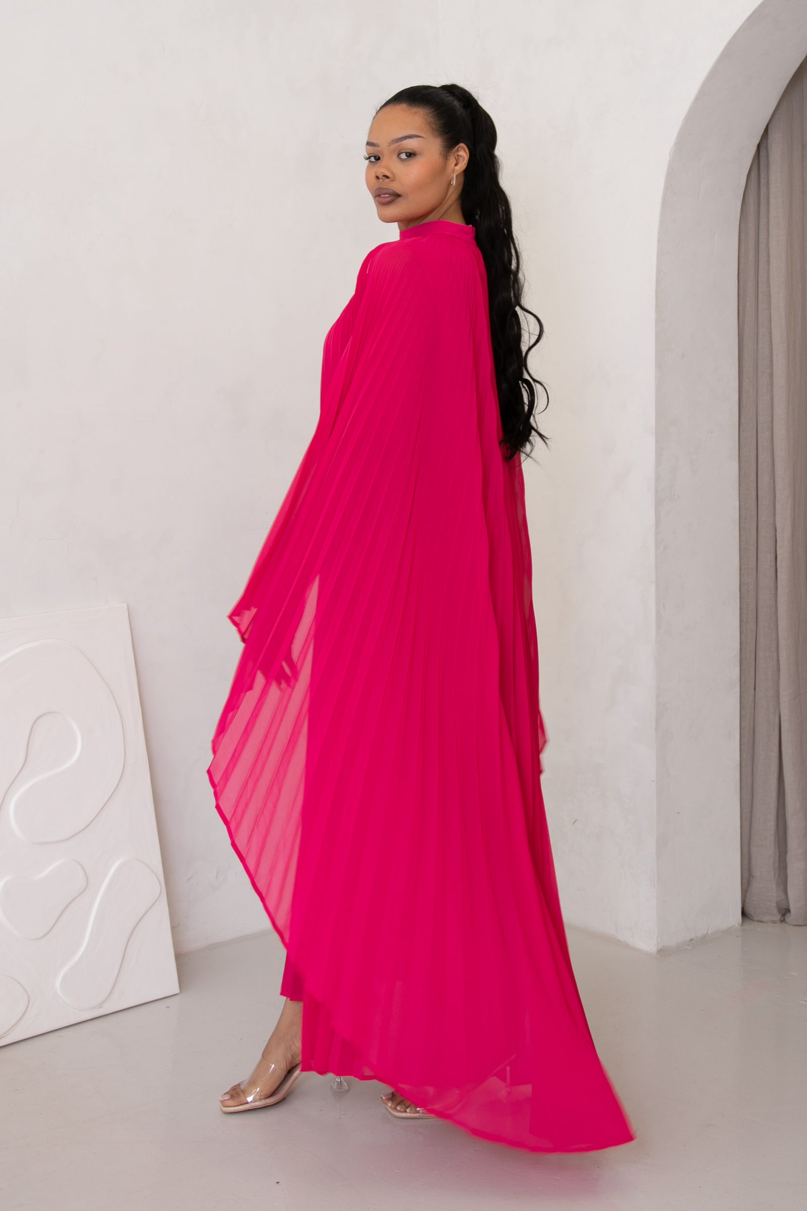Beauty Pleated Long Dress - Fuschia Pink
