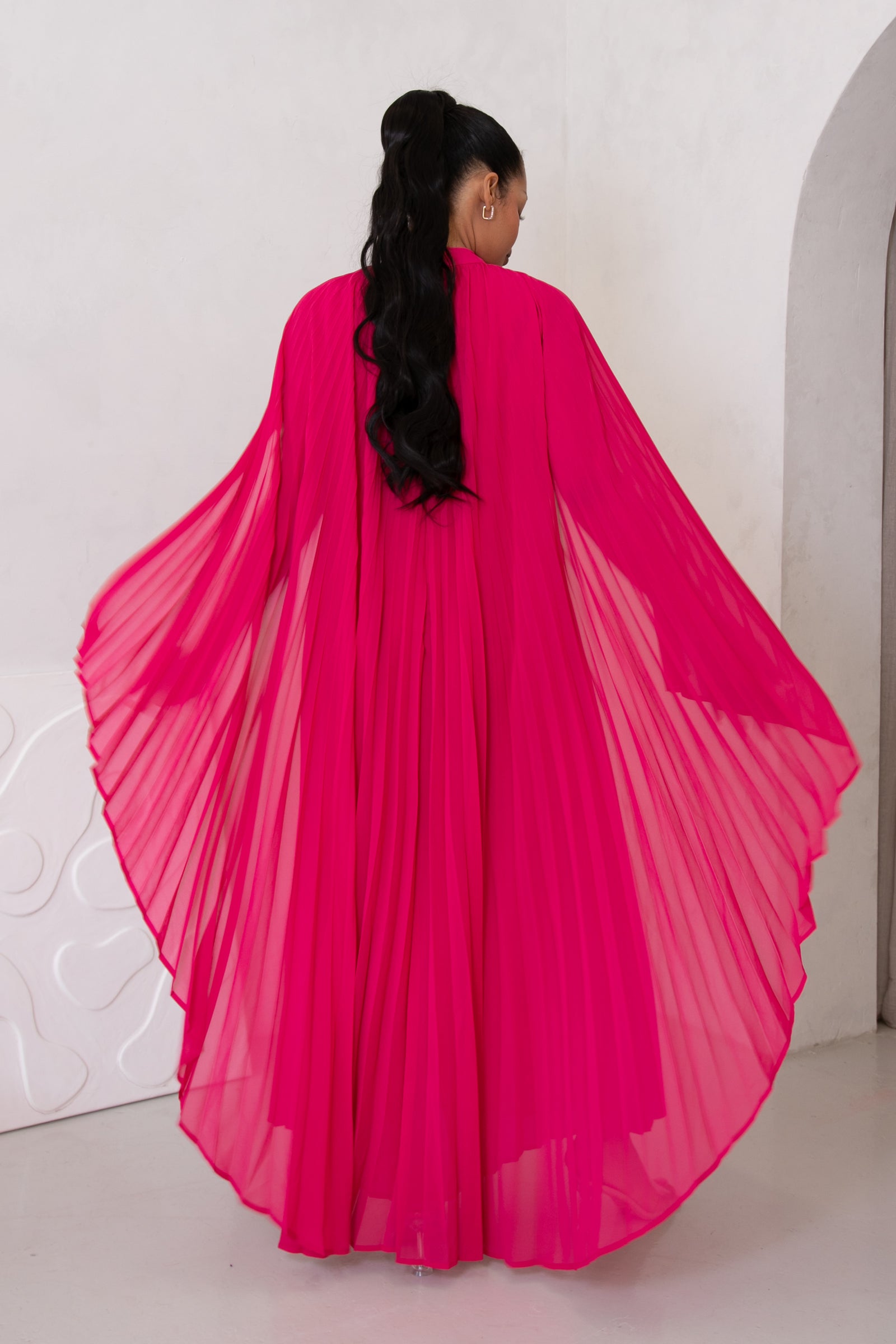 Beauty Pleated Long Dress - Fuschia Pink
