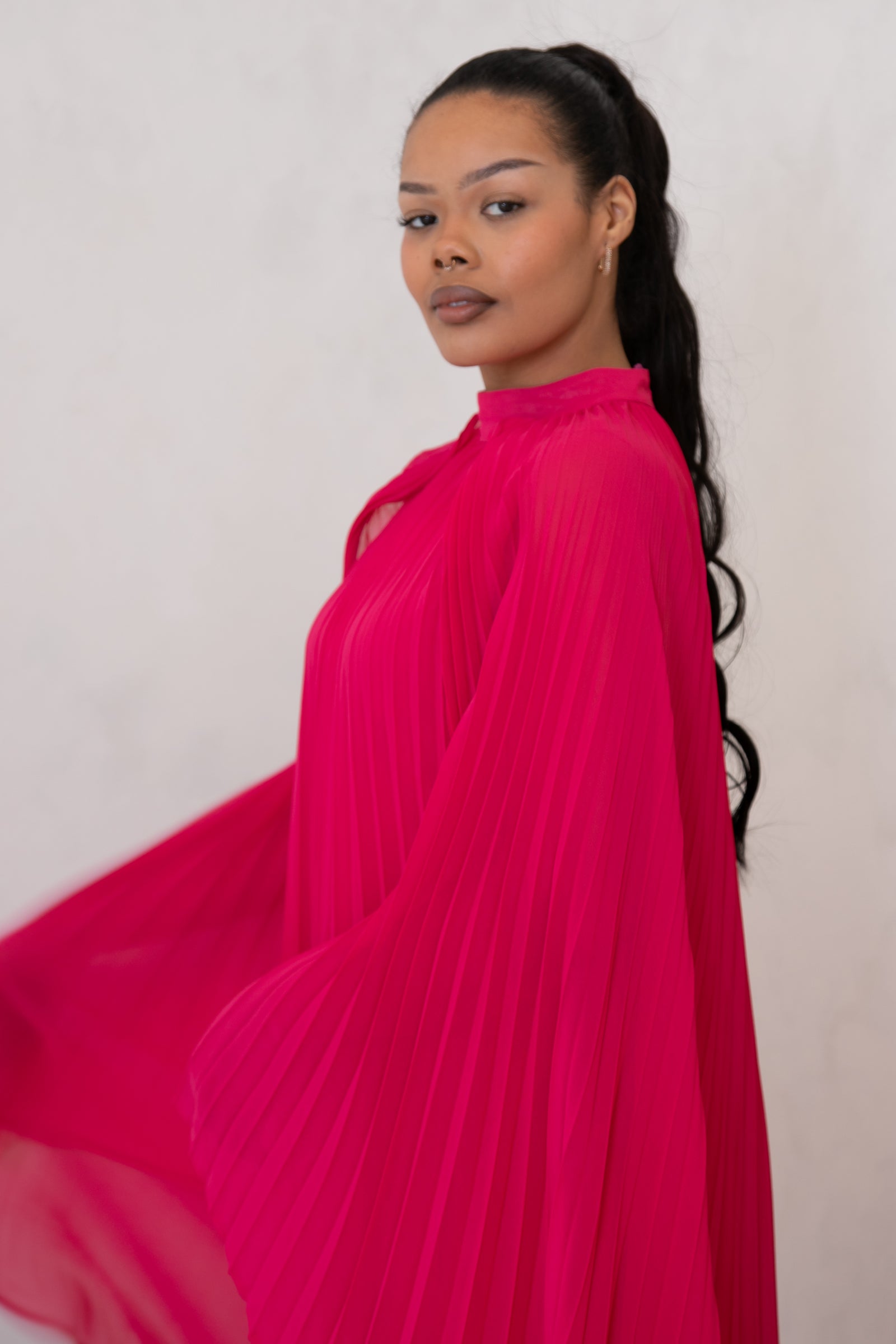 Beauty Pleated Long Dress - Fuschia Pink