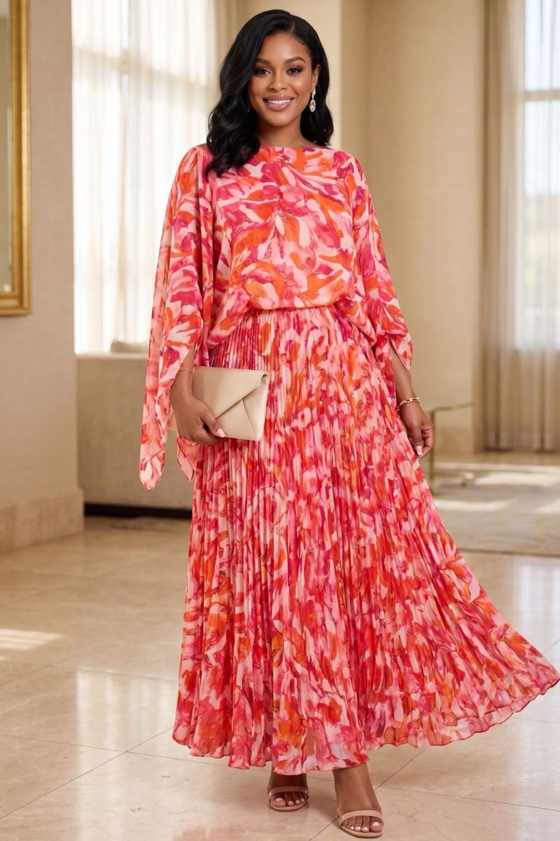 Rosalie Floral Pleated Maxi Skirt & Blouse Set - Pink