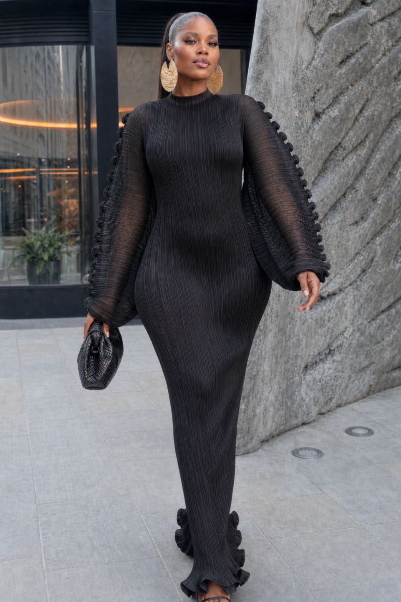 Mirabel Plissé Balloon Sleeve Maxi Dress - Black
