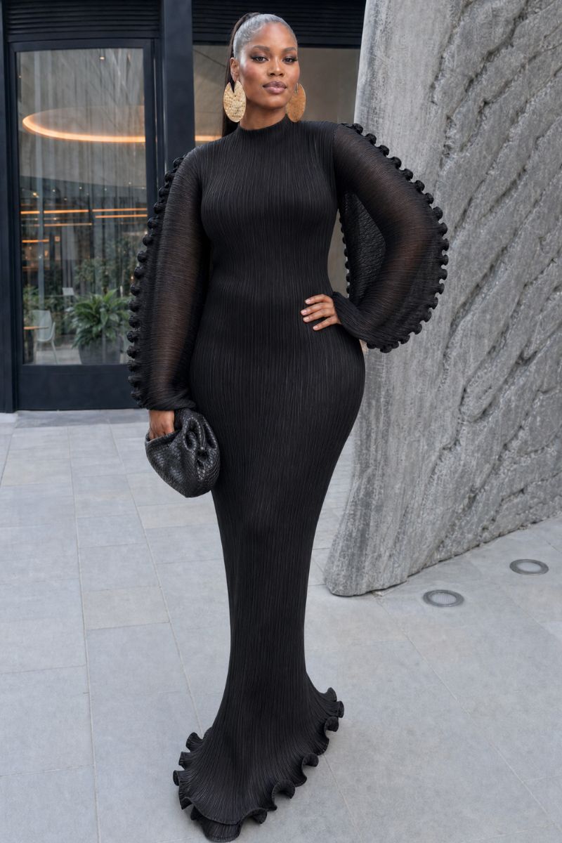 Mirabel Plissé Balloon Sleeve Maxi Dress - Black