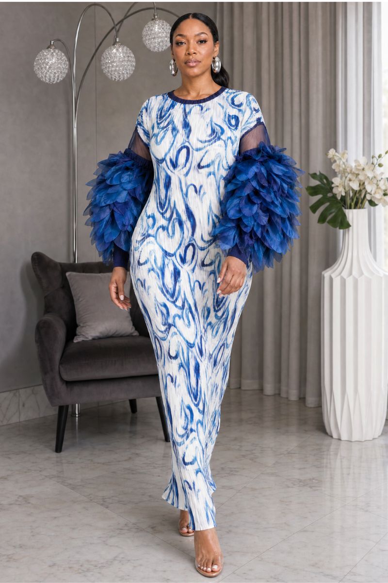 Noelle Blue Swirl Print Plissé Maxi Dress