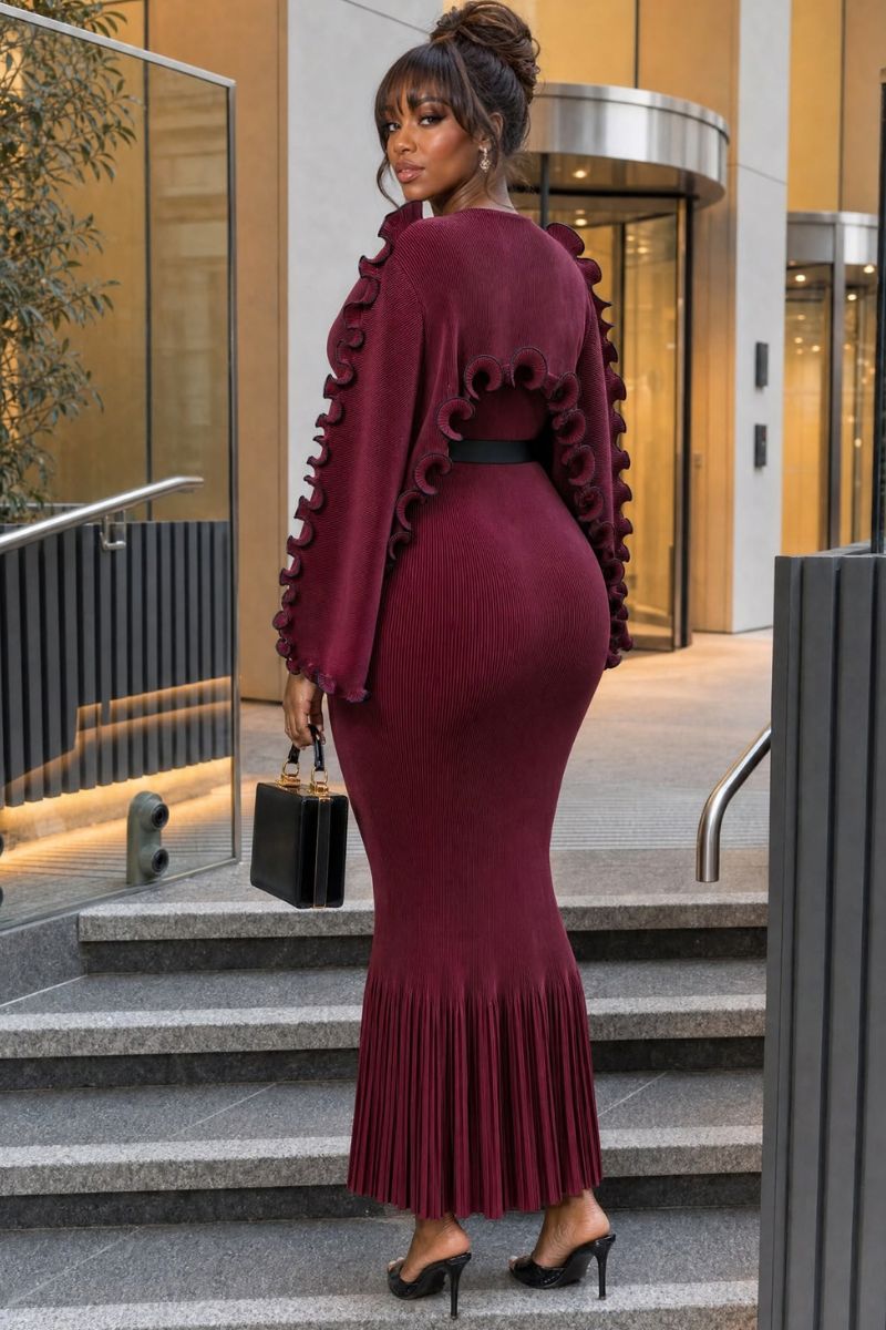 Rosette Cape Pleated Dress