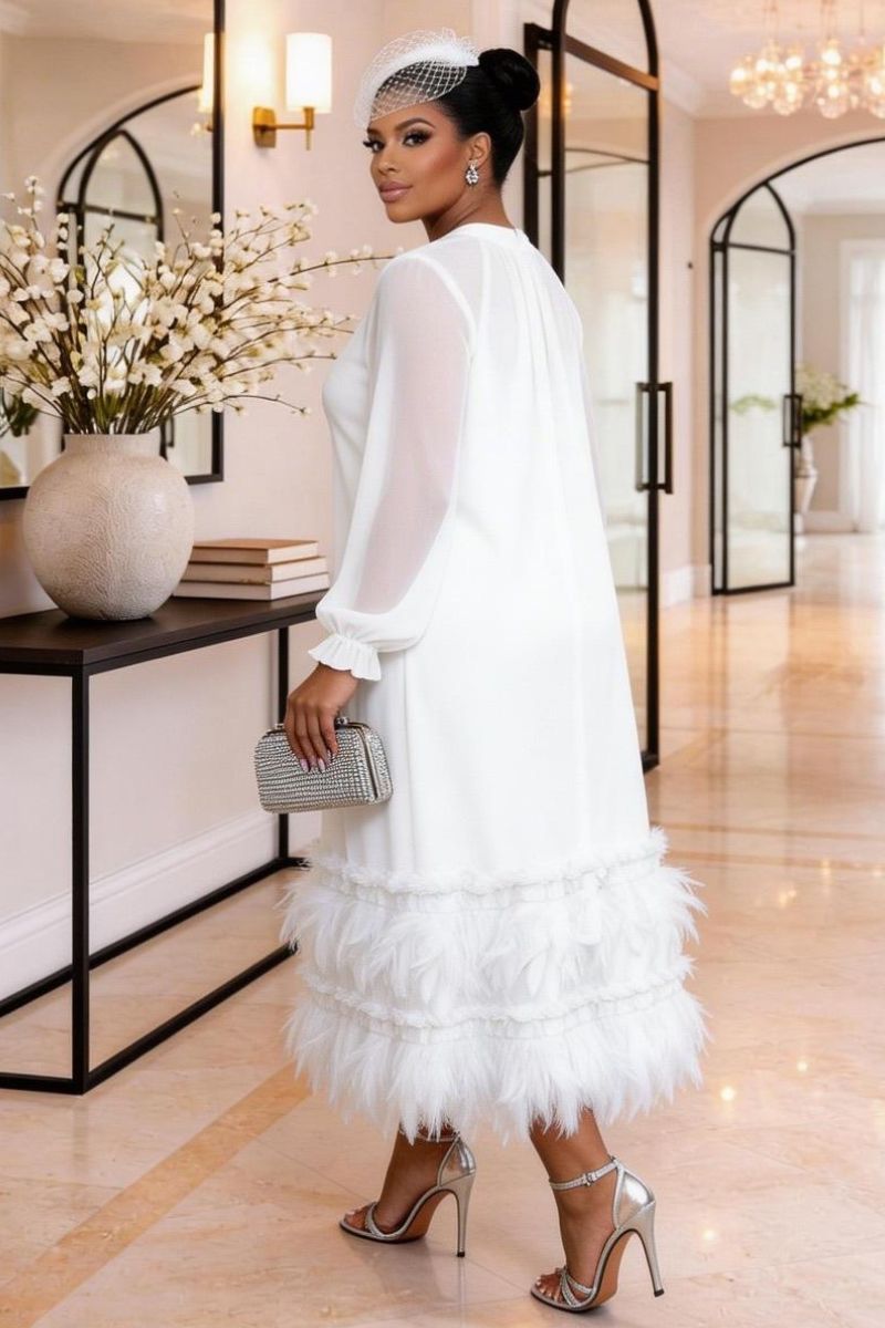 Colette Feather Trim Midi Dress - White