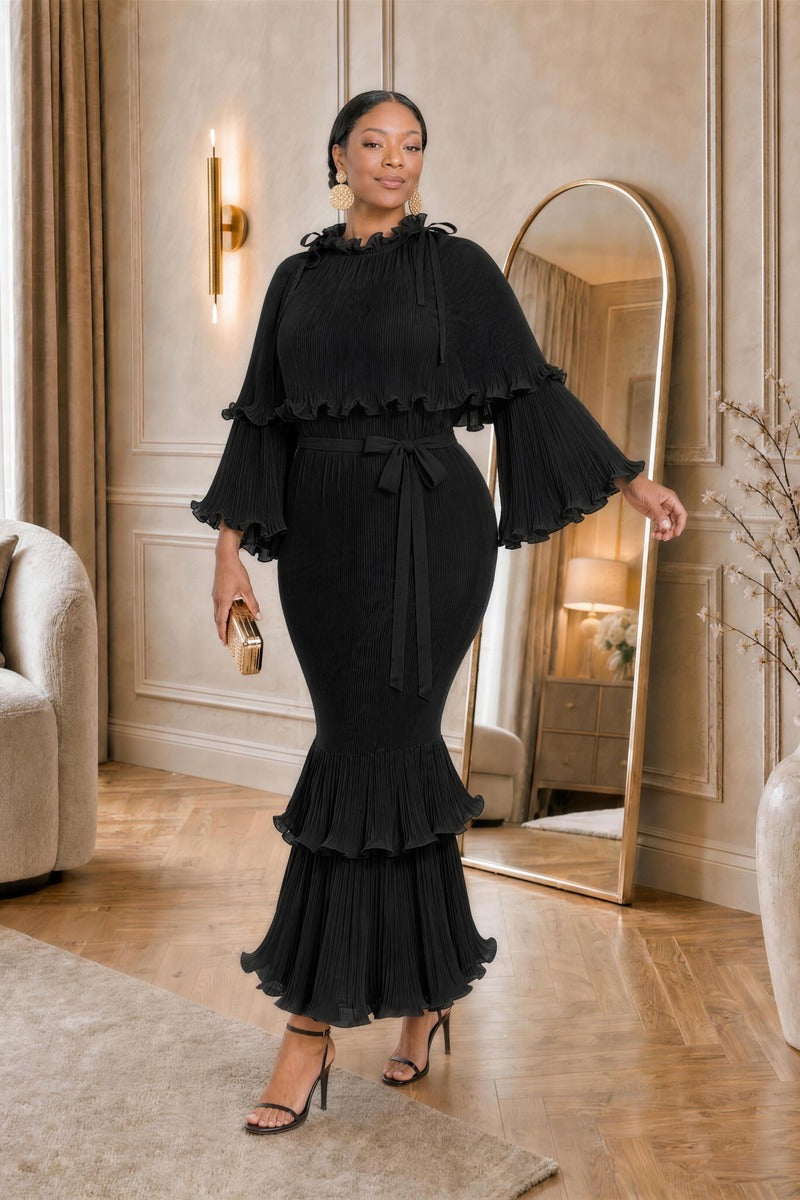 Arabella Plissé Cape Dress in black with matching tie belt, front view