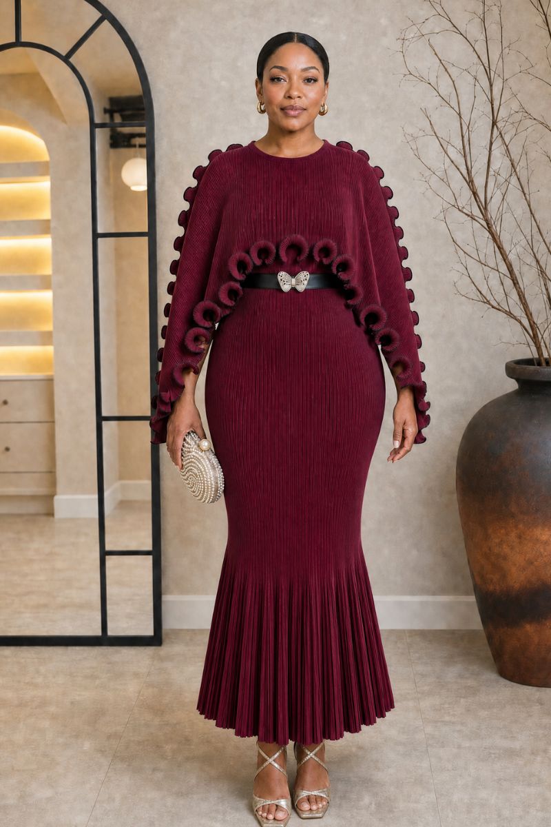 Rosette Cape Pleated Dress