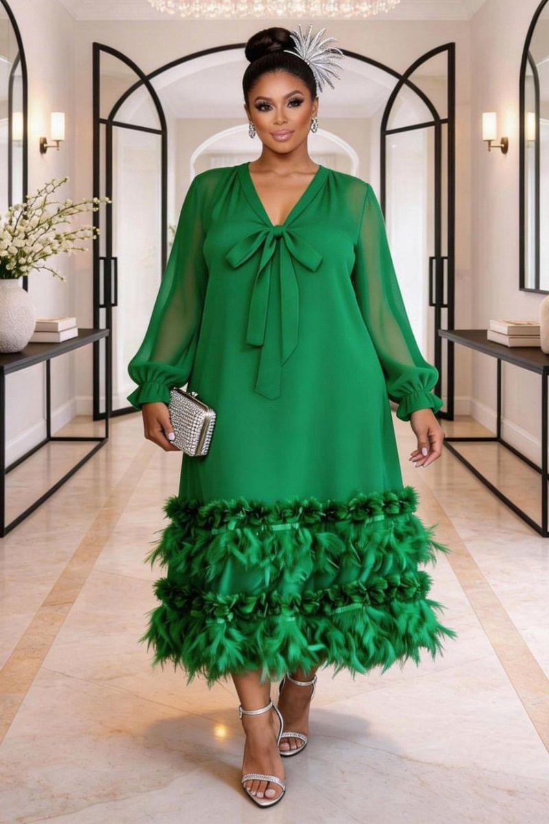 COLETTE FEATHER ADORNED MIDI DRESS - GREEN