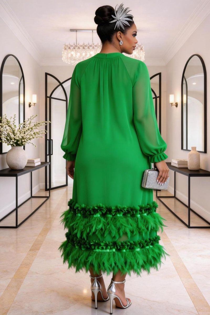 COLETTE FEATHER ADORNED MIDI DRESS - GREEN
