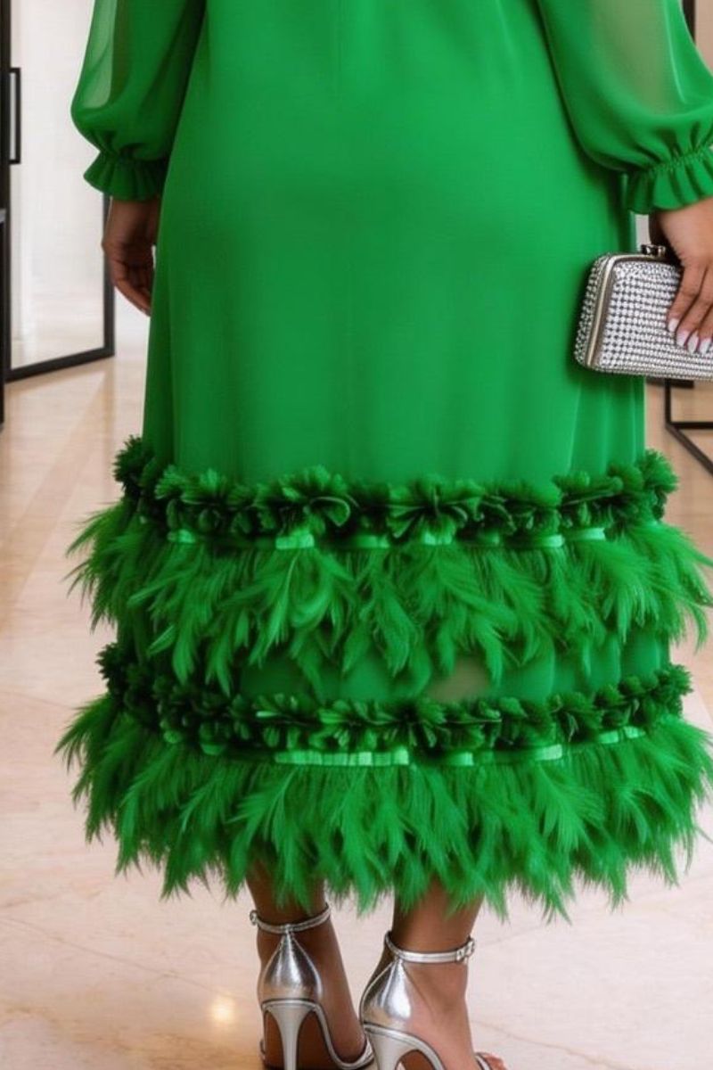 COLETTE FEATHER ADORNED MIDI DRESS - GREEN