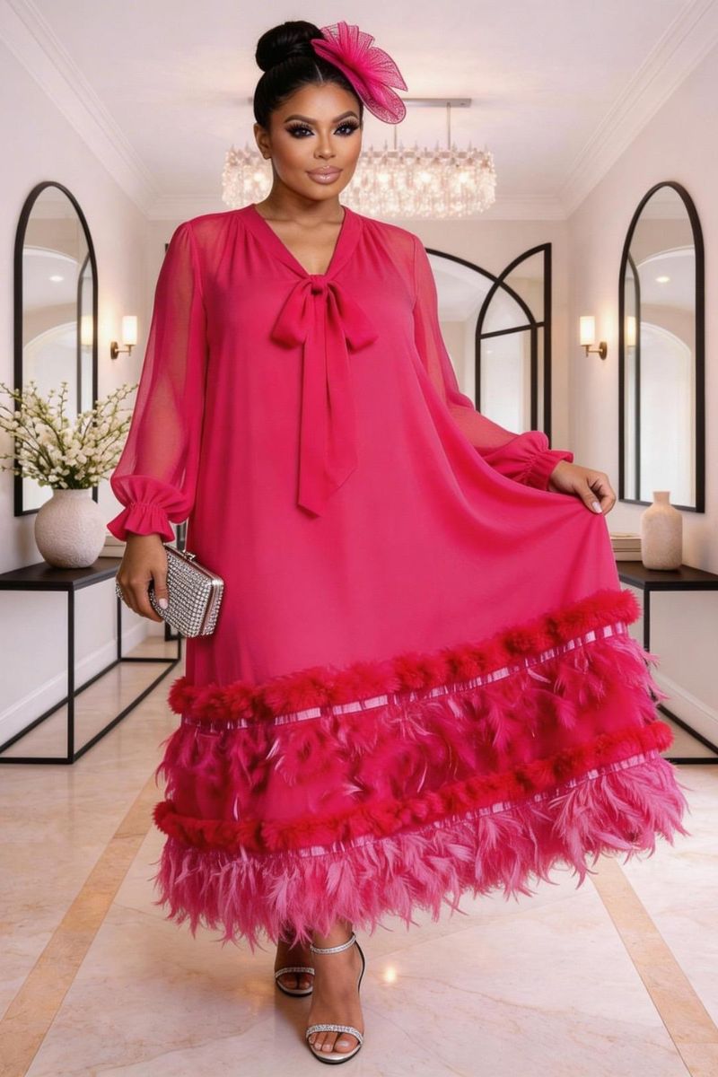 Colette Feather Trim Midi Dress - Pink
