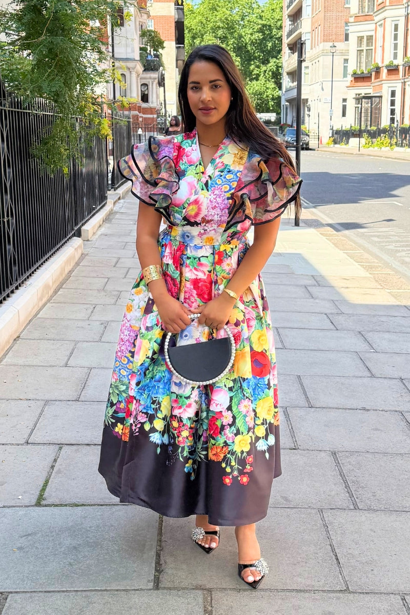 ELARA BLOOM WRAP DRESS - BLACK