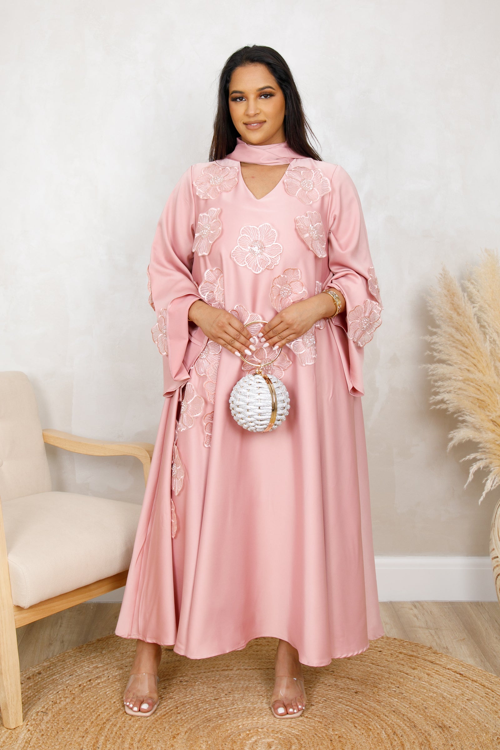 EMILIA FLORAL EMBROIDERED DRESS - BLUSH ROSE