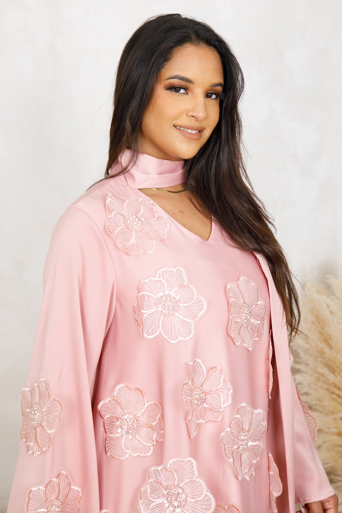 EMILIA FLORAL EMBROIDERED DRESS - BLUSH ROSE