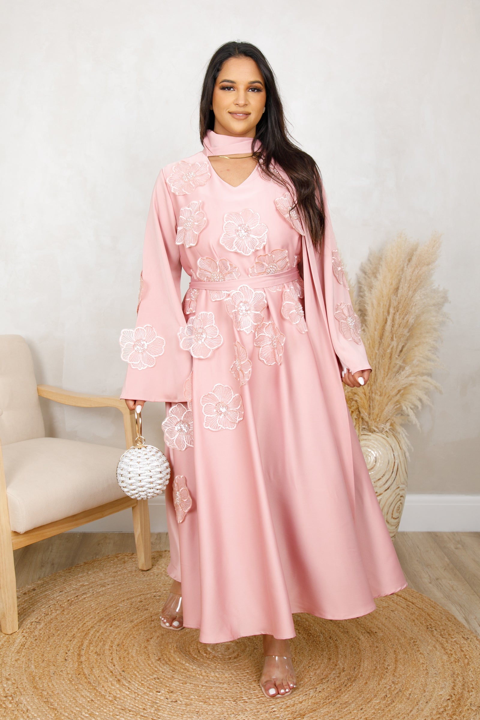 EMILIA FLORAL EMBROIDERED DRESS - BLUSH ROSE