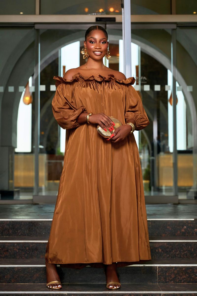 MOCHA LUXE OFF-SHOULDER MAXI DRESS