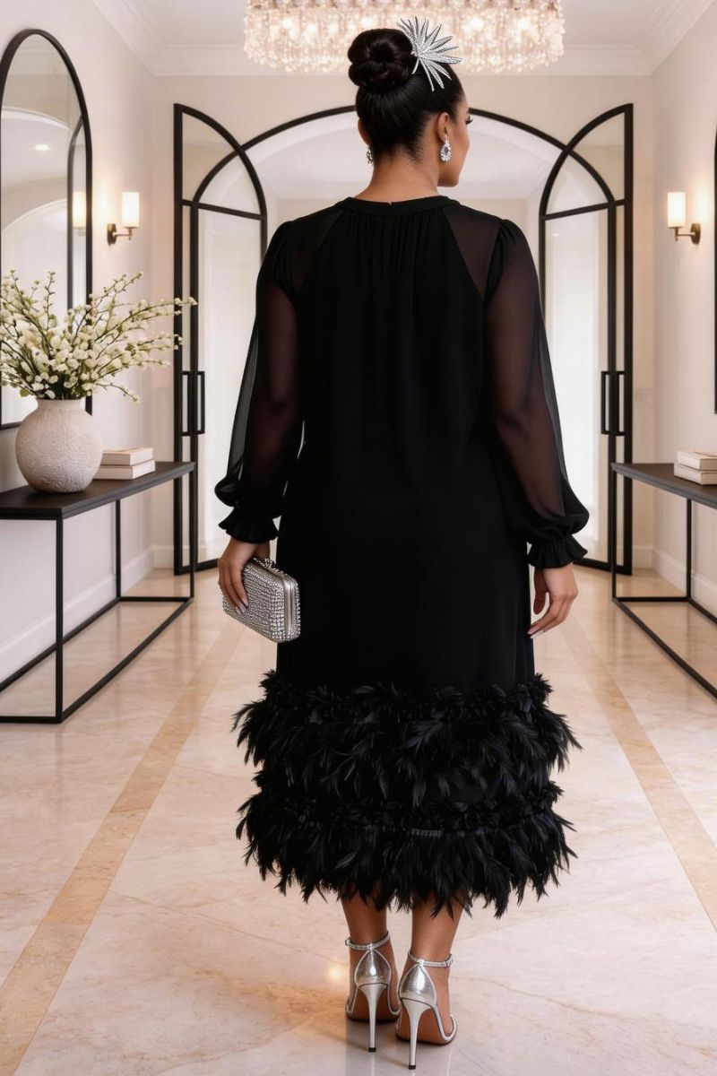 COLETTE FEATHER ADORNED MIDI DRESS - BLACK