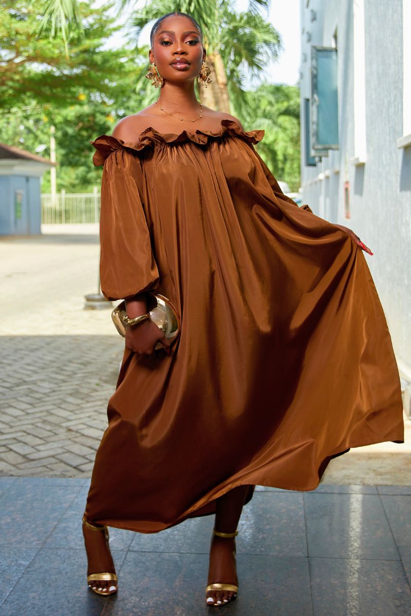 MOCHA LUXE OFF-SHOULDER MAXI DRESS