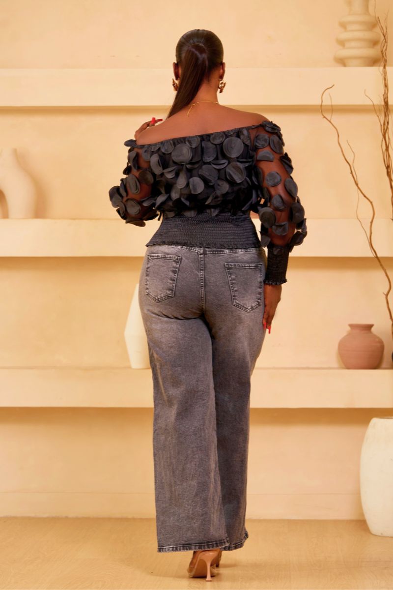 LUNA TEXTURED SHEER BLOUSE - BLACK