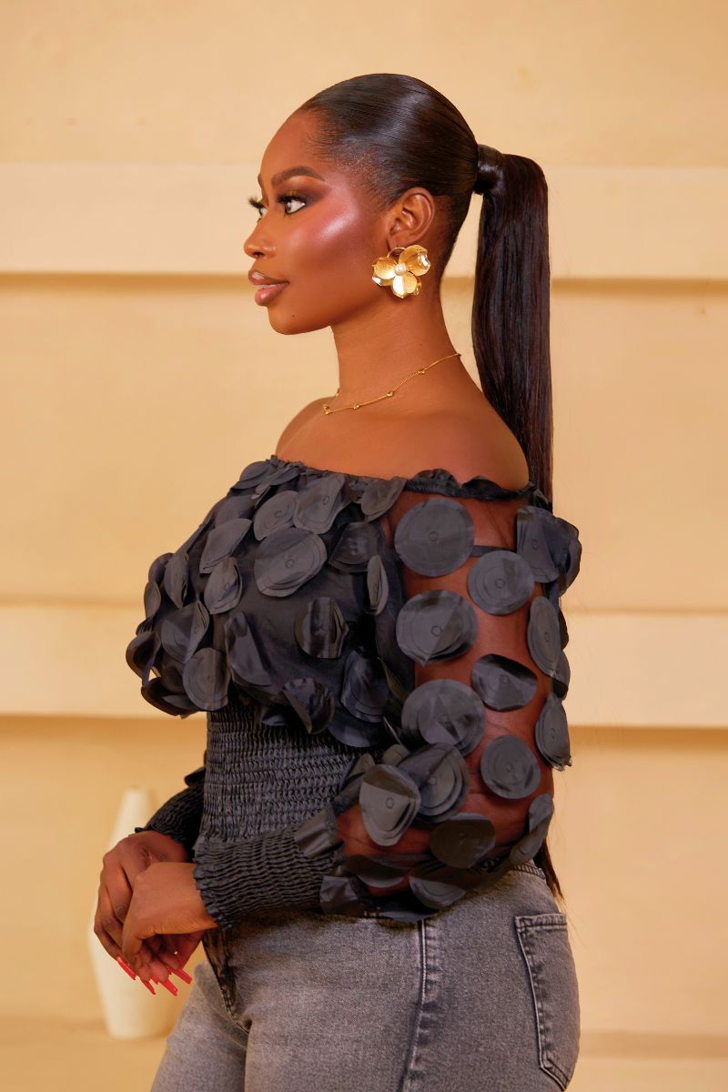 LUNA TEXTURED SHEER BLOUSE - BLACK