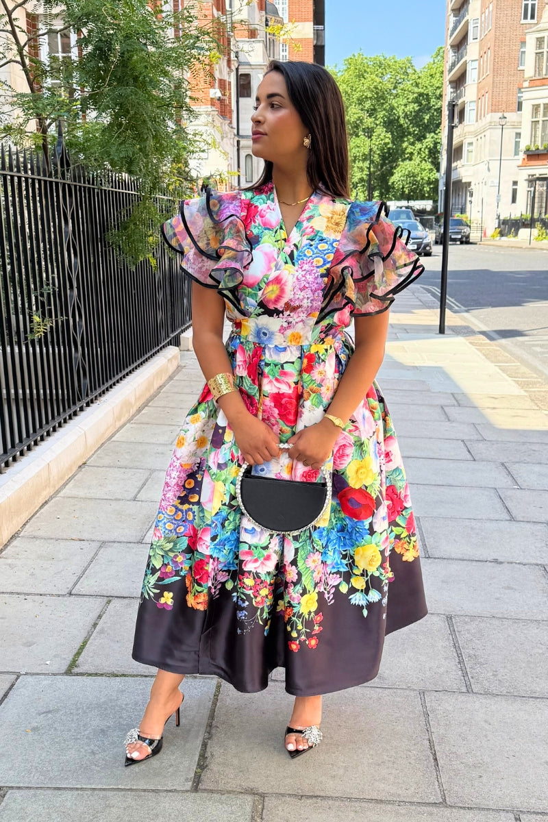 ELARA BLOOM WRAP DRESS - BLACK