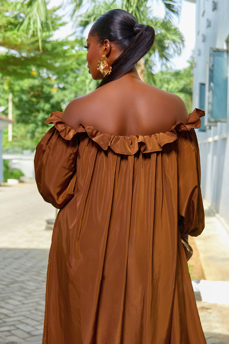 MOCHA LUXE OFF-SHOULDER MAXI DRESS