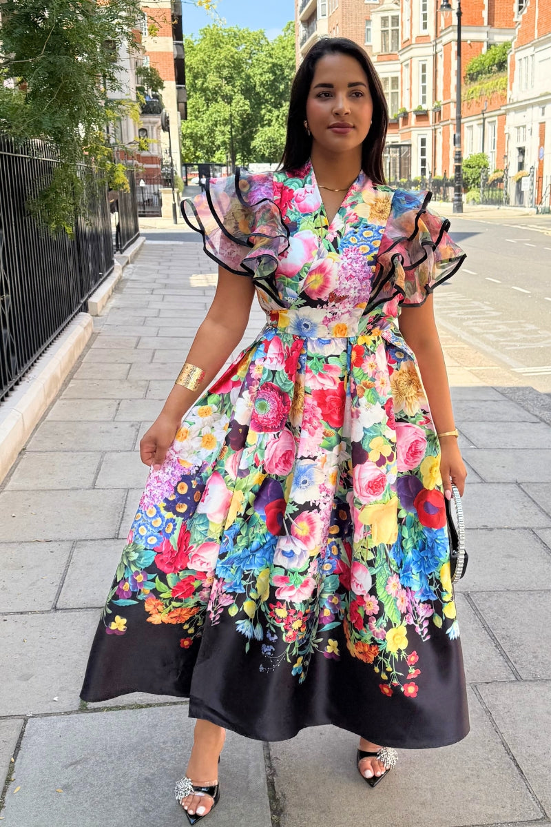 ELARA BLOOM WRAP DRESS - BLACK