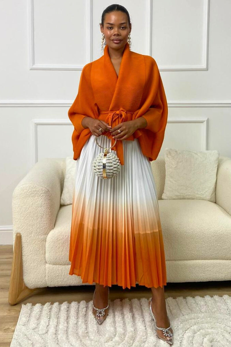 CYNTHIA PLISSE BLOUSE AND PLEATED SKIRT ORANGE FASHIONBYESTHER