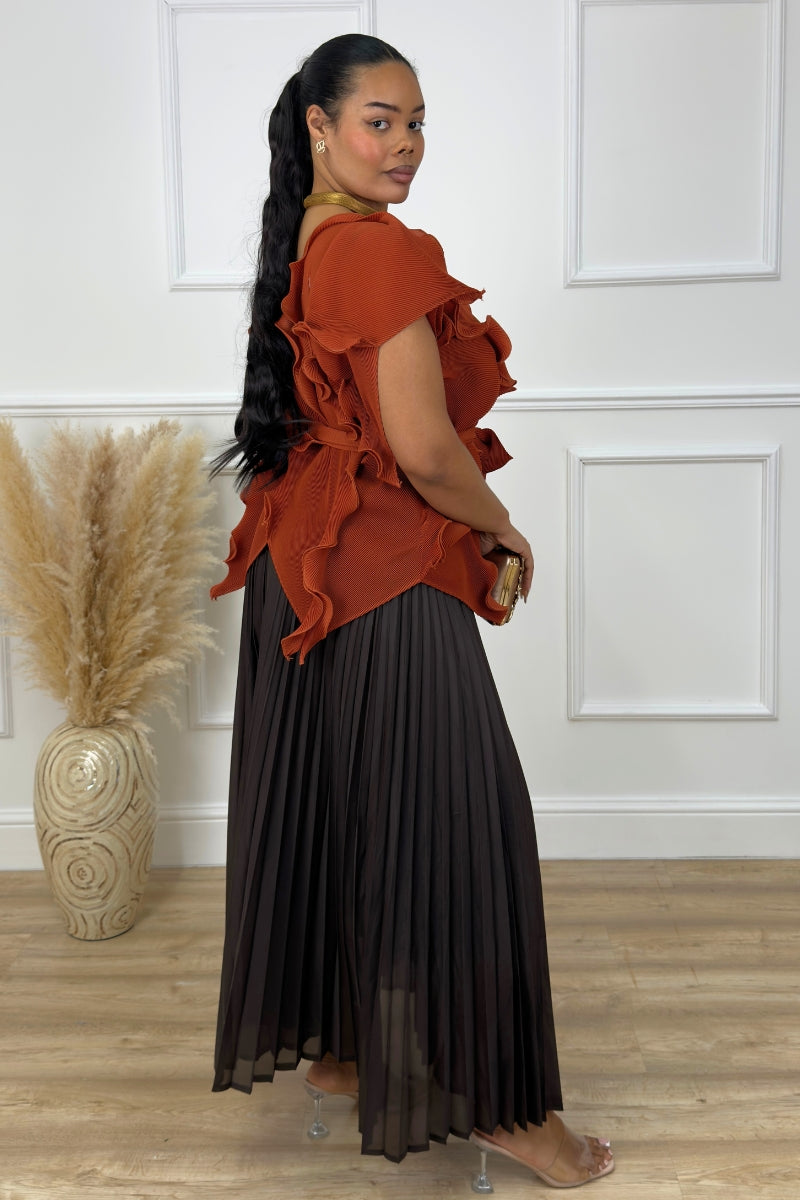 RENEE PLEATED SKIRT SET - BROWN