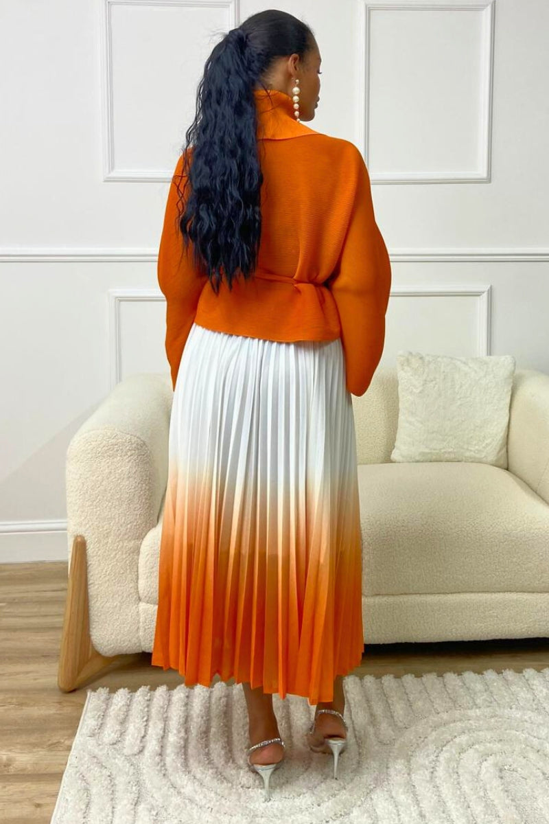 CYNTHIA PLISSE BLOUSE AND PLEATED SKIRT - ORANGE