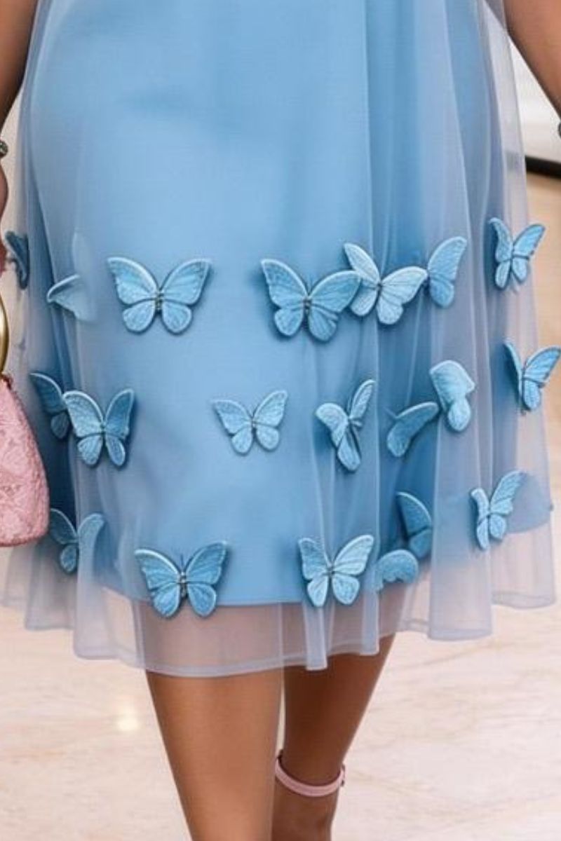 Butterfly Satin Dress - Blue