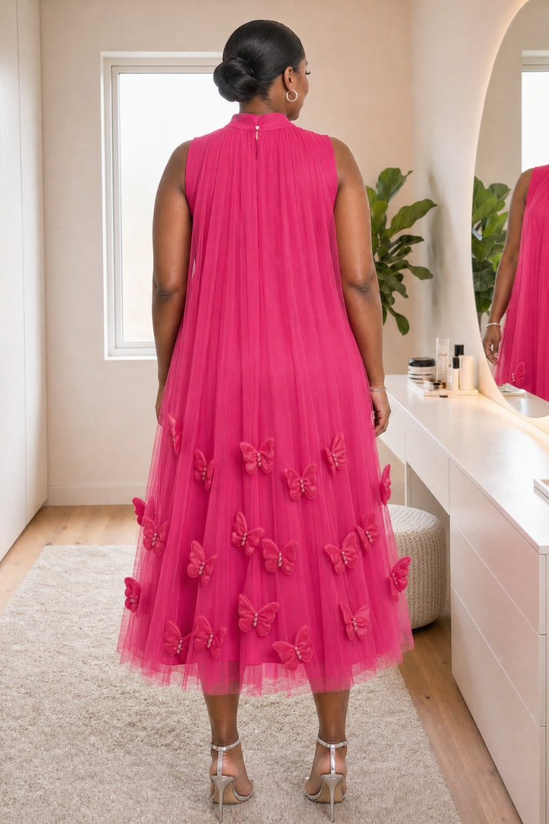 Butterfly Satin Dress - Pink