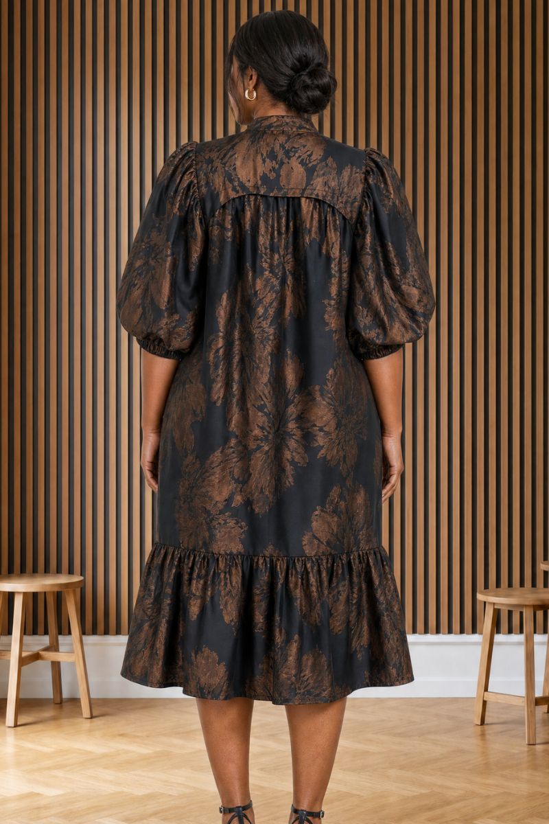 Bronze Bloom Jaquard Mide Dress