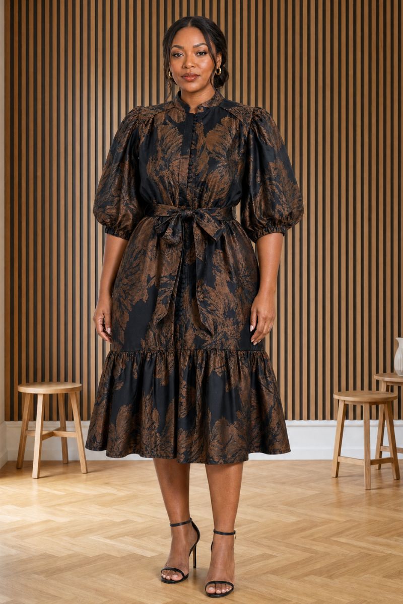 Bronze Bloom Jaquard Mide Dress