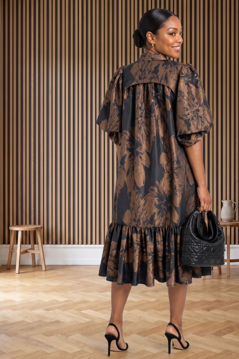 Bronze Bloom Jaquard Midi Dress