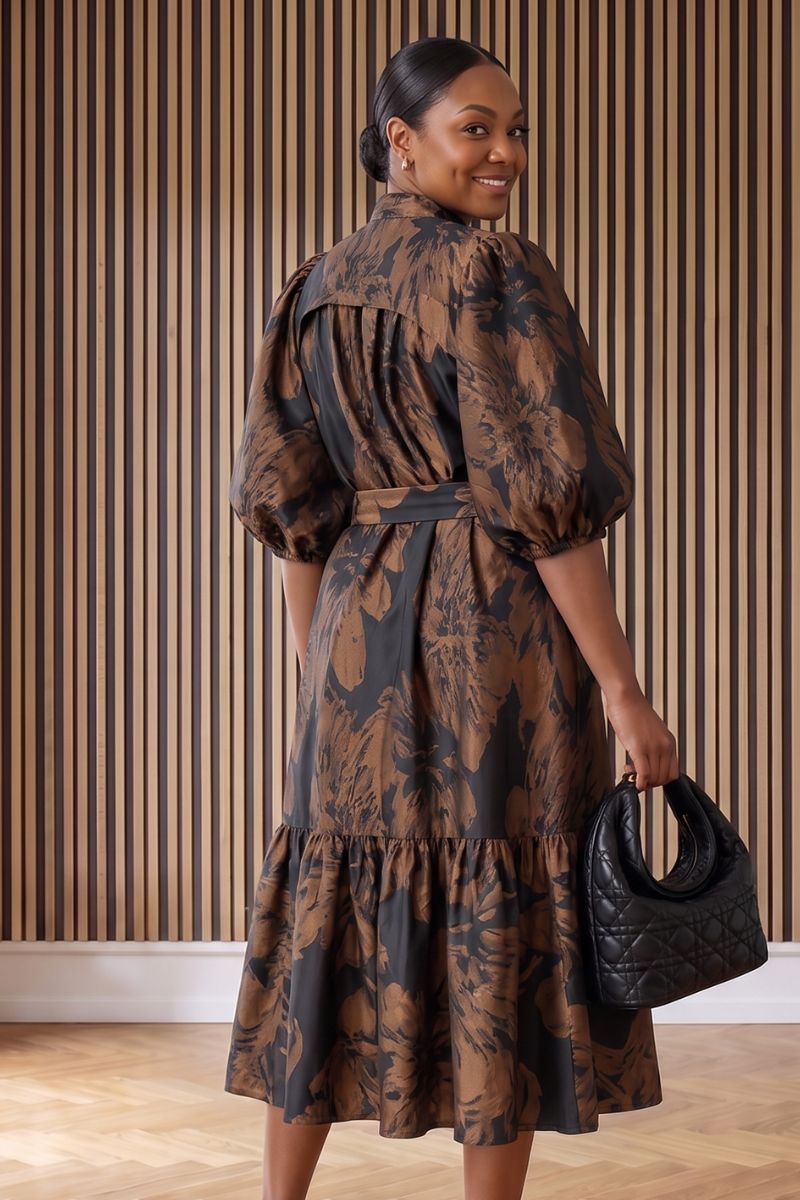 Bronze Bloom Jaquard Midi Dress