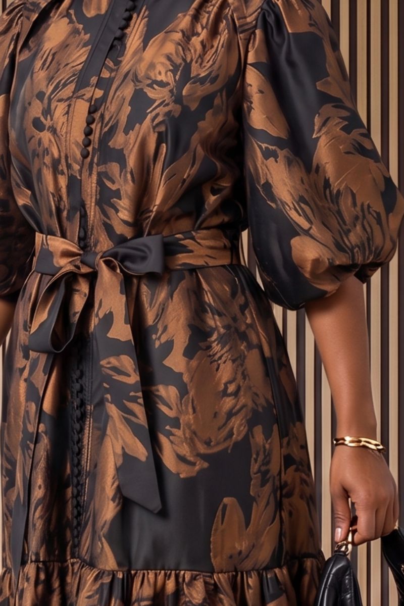 Bronze Bloom Jaquard Midi Dress