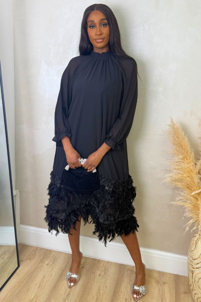 COLETTE FEATHER ADORNED MIDI DRESS - BLACK