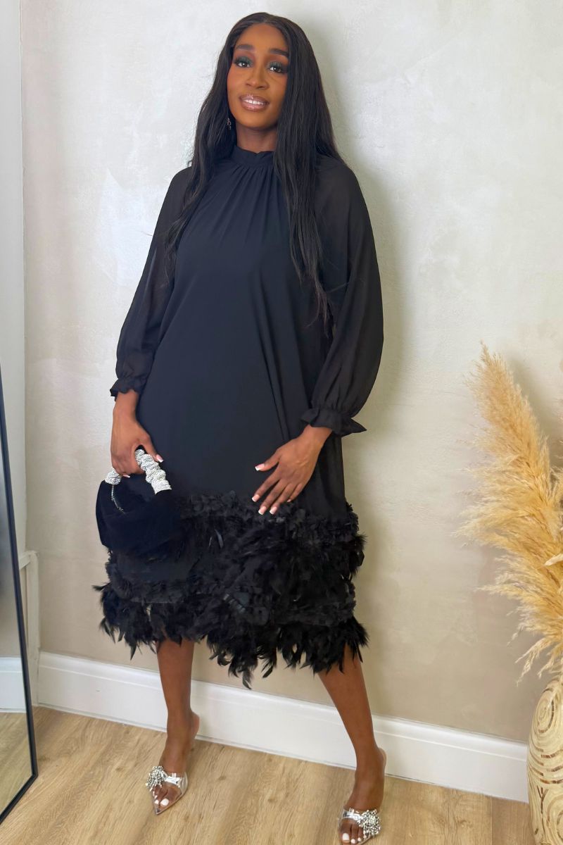 COLETTE FEATHER ADORNED MIDI DRESS - BLACK