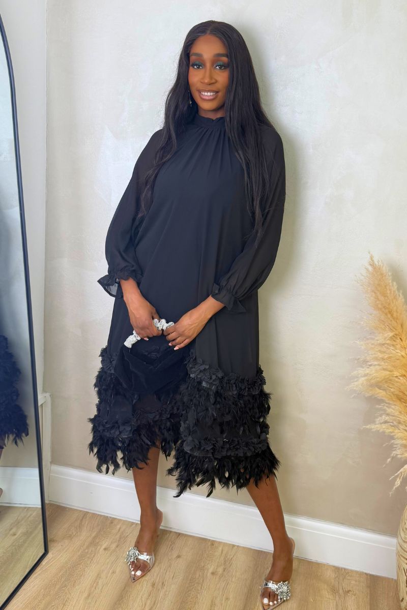COLETTE FEATHER ADORNED MIDI DRESS - BLACK